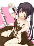  10s 1girl artist_name black_hair breast_hold breasts chocolate chocolate_covered chocolate_on_breasts cup date_a_live dated happy_valentine large_breasts long_hair looking_at_viewer naked_chocolate nude one_eye_closed open_mouth red_eyes solo tokisaki_kurumi tokisakijp twintails valentine wariza 