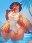  2017 5_fingers anthro black_hair breasts camel_toe canine cleavage cleavage_cutout clothed clothing dipstick_tail eating female fluffy fluffy_tail fox front_view fur gloves_(marking) hair hi_res looking_away mammal markings multicolored_tail nipple_bulge orange_fur outside partially_submerged piercing pinup portrait pose posicle purple_eyes roza_(woadedfox) solo standing swimsuit three-quarter_portrait water woadedfox 