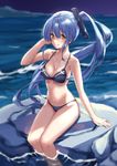  absurdres arashi_(zhan_jian_shao_nyu) arm_support bikini black_bikini blue_hair breasts cyta_celest hair_ornament highres long_hair looking_at_viewer medium_breasts navel outdoors partially_submerged rock side_ponytail sitting solo striped striped_bikini swimsuit water yellow_eyes zhan_jian_shao_nyu 