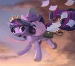  2017 bag bakuel cloud crown dragon duo equine feathered_wings feathers female feral flying friendship_is_magic hair horn mammal multicolored_hair my_little_pony outside paper purple_eyes purple_feathers scalie sky smile spike_(mlp) twilight_sparkle_(mlp) winged_unicorn wings 
