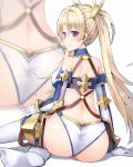  armor ass back bangs bare_shoulders bikini_armor blonde_hair blue_eyes blurry blush bradamante_(fate/grand_order) braid breasts butt_crack closed_mouth detached_sleeves eyebrows_visible_through_hair fate/grand_order fate_(series) faulds gloves hair_ornament highres long_hair long_sleeves looking_at_viewer looking_back medium_breasts no_shoes sidelocks simple_background sitting smile solo sweatdrop thighhighs twintails very_long_hair white_background white_gloves white_legwear xenonstriker yokozuwari zoom_layer 