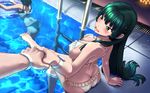  2girls ass bangs bare_arms bare_shoulders barefoot bikini blunt_bangs blush breasts butt_crack cleavage commentary_request covered_nipples frilled_bikini frills green_eyes green_hair halter_top halterneck highres holding_hands innertube kezune_(i-_-i) large_breasts long_hair multiple_girls original pool shiny shiny_hair sitting soaking_feet solo_focus swimsuit water wavy_mouth wet wet_hair white_bikini wristband 