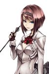  ark_royal_(kantai_collection) arrow blue_eyes bob_cut breasts cleavage_cutout fingerless_gloves gloves hairband holding_arrow kantai_collection kurou_(bcrow) lips long_sleeves looking_at_viewer red_hair red_ribbon ribbon short_hair simple_background small_breasts solo tiara upper_body white_background 