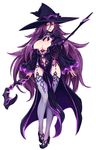  absurdres breasts dark_mage_(monster_girl_encyclopedia) enty_reward full_body hat high_heels highres jewelry kenkou_cross large_breasts long_hair looking_at_viewer monster_girl_encyclopedia navel navel_cutout official_art paid_reward pelvic_curtain pointy_shoes purple purple_hair purple_legwear revealing_clothes ring shoes simple_background solo staff thighhighs very_long_hair white_background wide_sleeves witch witch_hat yellow_eyes 