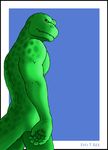  2007 5_fingers anthro biped blue_background border digital_media_(artwork) dinosaur evo_t._rex evo_t._rex_(character) green_scales green_spots green_tail humanoid_hands looking_at_viewer looking_back male nude outside_border portrait rear_view reptile scales scalie sharp_teeth signature simple_background solo spots spotted_scales spotted_tail standing teeth theropod three-quarter_portrait tyrannosaurus_rex 