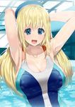  armpits arms_behind_head arms_up atago_(kantai_collection) bangs beret blonde_hair blue_eyes blue_hat breasts cleavage collarbone commentary_request competition_swimsuit eyebrows_visible_through_hair hair_between_eyes hat highres indoors kantai_collection kusaka_souji large_breasts long_hair looking_at_viewer one-piece_swimsuit open_mouth pool shiny shiny_clothes sideboob solo swimsuit upper_body water wet 