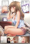  3girls alarm_clock barefoot bed birthday blush box breasts brown_eyes brown_hair cleavage clock comic commentary_request confetti eyebrows from_side gift gift_box gym_shorts happy_birthday highres holding holding_gift houjou_karen idolmaster idolmaster_cinderella_girls kamiya_nao kazu large_breasts long_hair messy_hair multiple_girls party_popper profile red_eyes school_uniform shibuya_rin shorts silent_comic smile speed_lines surprised tank_top triad_primus 