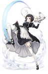  black_footwear black_hair blue_eyes cup frilled_legwear frown full_body garter_belt hair_ornament heel_blade highres holding holding_tray josie_rosebud kicking maid maid_cap mole mole_under_eye motion_lines official_art plantar_flexion pocket_watch princess_principal princess_principal_game_of_mission saucer shoes skirt_hold solo standing standing_on_one_leg switchblade teacup teapot transparent_background tray watch white_legwear 