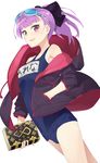  :d book breasts dutch_angle fate/grand_order fate_(series) hayashi_kewi helena_blavatsky_(fate/grand_order) helena_blavatsky_(swimsuit_archer)_(fate) jacket looking_at_viewer name_tag old_school_swimsuit one-piece_swimsuit open_mouth ponytail purple_eyes purple_hair school_swimsuit short_hair simple_background small_breasts smile solo swimsuit swimsuit_under_clothes white_background 