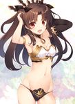  armlet armor arms_up asymmetrical_gloves bangs bare_shoulders black_panties blush bra breasts brown_hair cleavage commentary_request cowboy_shot detached_collar earrings eyebrows_visible_through_hair fang fate/grand_order fate_(series) gloves highres hips hoop_earrings ishtar_(fate/grand_order) jewelry long_hair looking_at_viewer medium_breasts mismatched_underwear multicolored multicolored_background navel open_mouth panties parted_bangs red_eyes sakuraminto sidelocks single_sleeve smile solo standing strapless strapless_bra string_panties thighs two_side_up underwear underwear_only white_bra 