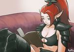  book breasts cleavage cleavage_cutout commentary couch dark_eldar earrings elf jewelry large_breasts long_hair lutherniel pointy_ears ponytail reading red_hair solo warhammer_40k 