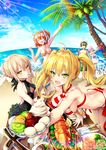  4girls :d ^_^ arm_up artoria_pendragon_(all) artoria_pendragon_(swimsuit_rider_alter) ass bangs barefoot bent_over bikini black_ribbon black_swimsuit blonde_hair blue_sky blurry braid breasts breasts_apart brilliant_summer brown_hair bucket butter_knife casual_one-piece_swimsuit center_opening cherry cleavage closed_eyes cloud coconut_tree commentary_request cream criss-cross_halter dark_excalibur day depth_of_field diving_mask diving_mask_on_head eating eyebrows_visible_through_hair fang fate/grand_order fate_(series) fishing_rod food fork french_braid fruit fujimaru_ritsuka_(female) fujimaru_ritsuka_(male) giving green_eyes hair_bun hair_over_one_eye hair_ribbon halterneck holding holding_bucket holding_food holding_spoon horizon ice_cream inflatable_toy innertube kiwifruit large_breasts leg_up lemon lemon_slice lens_flare lobster long_hair looking_at_viewer mash_kyrielight meat medium_breasts multiple_girls nero_claudius_(fate)_(all) nero_claudius_(swimsuit_caster)_(fate) o-ring o-ring_bikini ocean octopus one-piece_swimsuit open_mouth orange_hair outdoors outstretched_arm palm_tree plate purple_hair revision ribbon saber_alter short_hair side_ponytail sitting sky smile snorkel sparkle spoon spoon_in_mouth standing standing_on_one_leg striped striped_bikini summer sunlight swimsuit swimsuit_of_perpetual_summer swimwear table tree twintails twitter_username uchuu_gorira v-shaped_eyebrows water yellow_eyes 