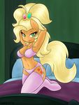  2015 alternate_hairstyle ambris anthro anthrofied applejack_(mlp) arms_above_head bed blonde_hair bra breasts clothed clothing cutie_mark earth_pony equine eyelashes female freckles friendship_is_magic fur garter_straps green_eyes hair hands_behind_back hi_res horse inside legwear lingerie long_hair looking_at_viewer mammal my_little_pony navel orange_fur panties pony skimpy smile solo thigh_highs underwear 