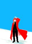  alphonse_elric black_shirt blonde_hair coat fullmetal_alchemist gloves long_hair looking_up male_focus noako pants ponytail red_coat shaded_face shirt shoes sky solo 