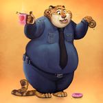  2016 anthro benjamin_clawhauser beverage cheetah clothed clothing coffee digital_drawing_(artwork) digital_media_(artwork) disney doughnut feline food fur gamutfeathers hi_res male mammal obese overweight police_uniform simple_background soft_shading solo uniform white_background zootopia 