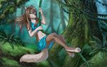  2017 5_fingers anthro barefoot black_nose blue_eyes brown_hair canine clothed clothing detailed_background digital_media_(artwork) female hair jay-kuro mammal moss navel smile solo wolf 
