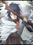  1boy blue_hair cloak glasses log_horizon shiroe short_hair solo staff 