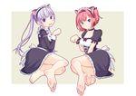  2girls blue_eyes blush breasts cat_ears collarbone feet leafar looking_at_viewer maid maid_headdress medium_breasts mochizuki_momiji multiple_girls new_game! open_mouth paw_pose purple_eyes purple_hair red_hair simple_background sitting small_breasts suzukaze_aoba twintails white_background 