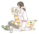  1girl after_bath alternate_costume black_hair blonde_hair cup drying drying_hair hikari_(pokemon) jun_(pokemon) kneeling long_hair mug pajamas pikachu_doll pillow pokemon pokemon_(game) pokemon_dppt ponimu sitting slippers towel towel_around_neck towel_on_head 