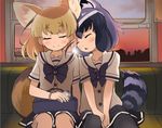  animal_ears bag black_legwear blonde_hair blue_bow blue_hair blush bow bowtie closed_eyes common_raccoon_(kemono_friends) digital_media_player earphones extra_ears eyebrows_visible_through_hair fennec_(kemono_friends) fox_ears fox_tail happy kemono_friends listening_to_music multicolored_hair multiple_girls open_mouth pantyhose school_uniform serafuku short_hair short_sleeves sitting skirt sky sleeping smile sunset tail train_interior two-tone_hair wakamizu white_hair window yuri 