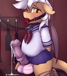  2016 animal_genitalia animal_penis ball_gag balls bat_pony bdsm bondage bound clothing collar cum equine equine_penis erection fan_character feral gag gagged girly hi_res leash male mammal meggchan membranous_wings my_little_pony open_mouth penis precum school_uniform solo tongue tongue_out uniform wings 