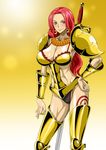  1girl abs armor baccarat_(one_piece) blush breasts cleavage earrings gradient_background green_eyes hand_on_hip highres large_breasts legs long_hair nel-zel_formula one_piece one_piece_film_gold red_hair shiny shiny_skin simple_background smile solo standing sword tattoo thighs thong weapon 