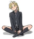  alphonse_elric androgynous black_shirt blonde_hair fullmetal_alchemist long_hair long_sleeves looking_at_viewer male_focus noako open_mouth ponytail shadow shirt simple_background solo thighhighs white_background yellow_eyes 