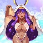  ;d areola_slip areolae arm_up bangs beach blanket blunt_bangs blush bracelet breasts cleavage collarbone commentary covered_nipples cowboy_shot day eyebrows_visible_through_hair fate/grand_order fate_(series) hair_tubes hand_up heart heart-shaped_pupils highres jewelry large_breasts leaning_forward long_hair looking_at_viewer low-tied_long_hair navel necklace nitocris_(fate/grand_order) nitocris_(swimsuit_assassin)_(fate) one-piece_swimsuit one_eye_closed open_mouth outdoors purple_eyes purple_hair smile solo swimsuit symbol-shaped_pupils thighs veil white_swimsuit zaxwu 