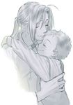  alphonse_elric blush brothers edward_elric eyebrows_visible_through_hair eyelashes forehead_kiss fullmetal_alchemist greyscale happy hug kiss long_hair long_sleeves male_focus monochrome multiple_boys noako ponytail short_hair siblings simple_background smile time_paradox white_background younger 