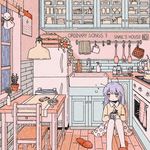  album_cover antennae calendar_(object) commentary cover cup hot_chocolate indoors kitchen long_hair mug noeru_(noellemonade) original pantyhose purple_hair rain red_eyes sitting slippers snail_girl solo teruterubouzu white_legwear 