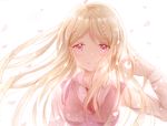  ahoge akamatsu_kaede blonde_hair crying crying_with_eyes_open danganronpa floating_hair hand_in_hair highres iceblue long_hair looking_at_viewer musical_note_hair_ornament necktie new_danganronpa_v3 petals pink_eyes red_neckwear school_uniform shirt simple_background smile solo tears upper_body very_long_hair white_background white_shirt 