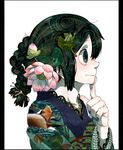  alternate_hairstyle animal_print asui_tsuyu blue_nails boku_no_hero_academia braid collarbone commentary_request double_exposure finger_to_mouth flower frog frog_print from_side green_eyes green_hair hair_tie japanese_clothes kimono lily_pad looking_away lotus nail_art nail_polish nekodou_(yukatin1000) pale_skin simple_background solo unmoving_pattern upper_body white_background 
