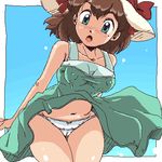  4040_(abonriya) blush brown_hair covered_nipples dress extended_upskirt green_dress green_eyes hat looking_at_viewer lowres mole mole_under_eye navel open_mouth panties pantyshot pantyshot_(standing) princess_maker short_hair solo standing sun_hat underwear upskirt white_panties 