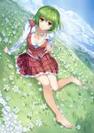  arm_support bad_id bad_pixiv_id bangs barefoot breasts cleavage cloud day dress_shirt dutch_angle flower flower_necklace frills full_body grass green_hair jewelry kazami_yuuka large_breasts long_sleeves looking_at_viewer meadow necklace on_ground open_clothes outdoors pico_(picollector79) plaid plaid_skirt plaid_vest red_eyes red_skirt red_vest shirt short_hair sitting skirt skirt_set smile solo touhou unbuttoned vest white_shirt 