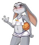  2016 anthro ball basketball_(ball) blush breasts carrot clothed clothing cosplay crop_top disney ears_down eyelashes female food frown fur grey_fur hi_res holding_ball judy_hopps lagomorph long_ears looking_at_viewer mammal midriff navel okamakafe pink_nose purple_eyes rabbit shirt shorts simple_background skimpy small_breasts solo space_jam vegetable warner_brothers white_background zootopia 