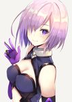  aoi_(kirabosi105) breasts cleavage elbow_gloves fate/grand_order fate_(series) gloves grey_background hair_over_one_eye looking_at_viewer mash_kyrielight medium_breasts midriff pink_hair purple_eyes purple_gloves short_hair simple_background smile solo stomach upper_body 
