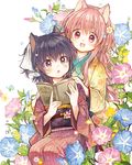  :d :o animal_ears bangs black_hair blush book eyebrows_visible_through_hair floral_background floral_print flower hair_flower hair_ornament hair_ribbon hands_on_another's_shoulders holding holding_book itou_hachi japanese_clothes kimono long_hair long_sleeves looking_at_another looking_at_viewer morning_glory multiple_girls obi open_mouth original pink_hair red_eyes ribbon sash short_hair short_ponytail sitting smile striped vertical-striped_kimono vertical_stripes water_drop white_background 