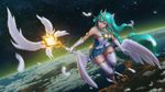  alternate_hair_color angel_wings armlet bare_shoulders cloud elbow_gloves feathers full_body gloves green_eyes green_hair highres horns league_of_legends long_hair looking_at_viewer magical_girl md5_mismatch night night_sky pointy_ears resized school_uniform serafuku skirt sky solo soraka sparkle staff star_(sky) star_guardian_soraka starry_sky thighhighs upscaled very_long_hair wings zettai_ryouiki 