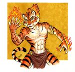  2010 anthro armlet black_fur clothed clothing feline fire fur green_eyes male mammal marci_mcadam muscular muscular_male orange_fur simple_background solo tiger topless white_fur 