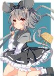  animal_ears basket capelet dress frills grey_hair grey_skirt hair_ribbon high-waist_skirt highres jewelry karasusou_nano long_sleeves looking_at_viewer mouse mouse_ears mouse_tail nazrin pendant red_eyes ribbon short_hair simple_background skirt solo tail touhou 