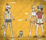  african_wild_dog_(kemono_friends) animal_ears backpack bag bare_shoulders black_bow black_eyes black_hair black_neckwear black_shorts blonde_hair boots bow bowtie brown_footwear clenched_hand clenched_hands closed_mouth collared_shirt commentary_request crack dog_ears dog_tail egyptian_art elbow_gloves from_side full_body gloves hat hat_feather helmet high-waist_skirt highres kaban_(kemono_friends) kemono_friends kita_(7kita) legs_apart long_sleeves lucky_beast_(kemono_friends) multicolored_hair multiple_girls no_gloves no_legwear pantyhose pith_helmet profile red_shirt serval_(kemono_friends) serval_ears serval_print serval_tail shirt shoes short_hair short_sleeves shorts skirt sleeveless sleeveless_shirt standing striped_tail tail thighhighs two-tone_hair white_footwear white_shirt white_shorts wing_collar yellow_background 