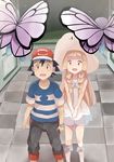  1girl baseball_cap black_hair blonde_hair braid brown_eyes butterfree dress gen_1_pokemon green_eyes hat kuriyama lillie_(pokemon) pants pokemon pokemon_(anime) pokemon_(creature) pokemon_sm_(anime) satoshi_(pokemon) see-through standing twin_braids v_arms 