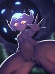  2017 4_fingers alien anthro blue_skin breasts bzeh clitoris earthbound_(series) female flat_chested giygas grass looking_at_viewer looking_down low-angle_view navel nintendo not_furry nude outside presenting presenting_pussy pussy red_eyes solo spread_legs spreading standing thick_thighs video_games worm&#039;s-eye_view 
