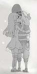  1girl bangs bare_arms black_pants blush boots borrowed_garments braid closed_eyes couple dress gradient gradient_background greyscale hand_on_headwear hat hat_removed hat_ribbon hat_tug headwear_removed hetero kiss knee_boots kuriyama legs_apart legs_together lillie_(pokemon) long_hair looking_at_another monochrome pants pokemon pokemon_(anime) pokemon_sm_(anime) ribbon satoshi_(pokemon) see-through shirt shoes short_hair short_sleeves side_braid sleeveless sleeveless_dress spiked_hair standing striped striped_shirt sundress t-shirt 