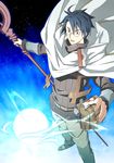  1boy blue_hair cloak glasses log_horizon magic shiroe short_hair solo staff 