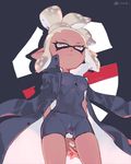  arms_behind_back ass_visible_through_thighs bike_shorts breasts covered_navel cowboy_shot dark_skin domino_mask hands_together high_ponytail inkling looking_at_viewer mask medium_breasts n-pacer_(splatoon) pointy_ears serizawa_nae solo splatoon_(manga) splatoon_(series) splatoon_2 tentacle_hair tied_hair trench_coat white_eyes white_hair 
