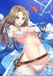  1girl areola_slip areolae armor bikini blush breasts brown_eyes brown_hair cameltoe cleavage earrings gauntlets granblue_fantasy jewelry katalina_aryze large_breasts long_hair mo_shi navel open_mouth solo surprised swimsuit sword wardrobe_malfunction water weapon white_bikini 