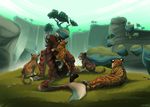  anthro charr claws compass_(artist) cub day detailed_background feline female feral fluffy fluffy_tail fur grass group guild_wars horn lying mammal multi_ear nude rock sitting sky striped_fur stripes tiger tree video_games young 