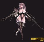  1girl breasts cleavage destiny_child dual_wield full_body hild_(destiny_child) huge_breasts long_hair looking_at_viewer nightmadness open_mouth simple_background sniper_rifle solo standing weapon 