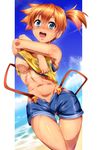  :d armpits bare_arms beach blue_bikini_top blue_sky blush breasts cloud day denim denim_shorts highres kasumi_(pokemon) looking_at_viewer medium_breasts navel ocean open_mouth orange_hair outdoors pokemon pokemon_(anime) pokemon_(classic_anime) pokemon_sm_(anime) shirt short_ponytail shorts side_ponytail simple_background sky smile solo stomach suspender_shorts suspenders tan tank_top tanline thigh_gap umakatsuhai underboob undressing water wet white_background 